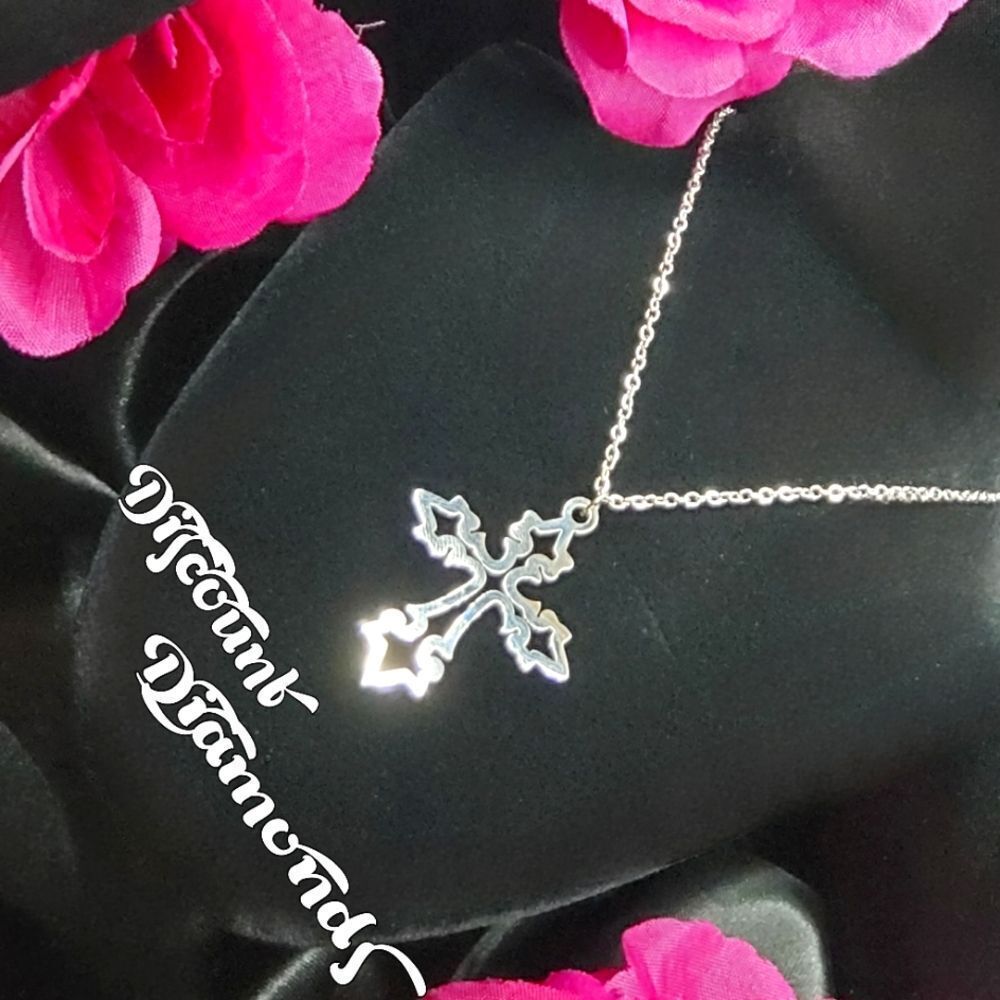 Choker Necklace 18K  White Gold Cross Titanium on 925 Sterling Silver
